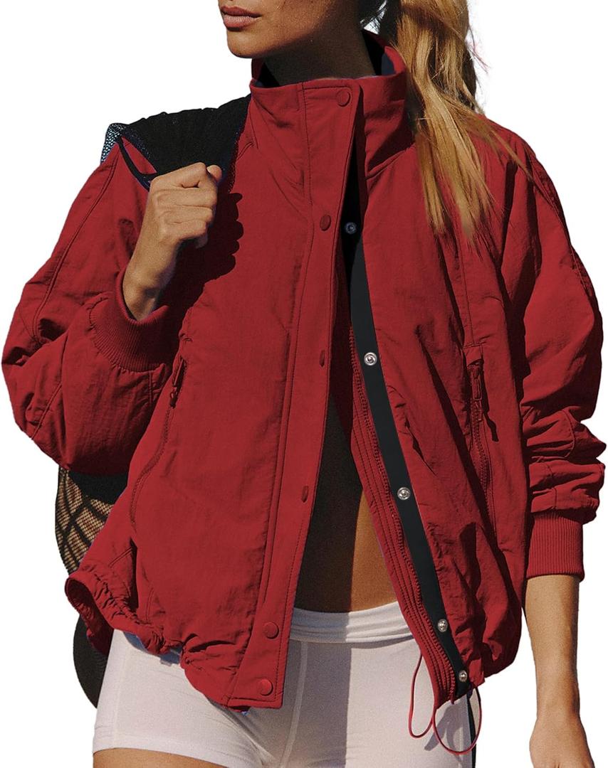 Winter Jackets for Women Long Sleeve High Neck Zipper Up Fleece Lined Overcoat Field Tripper Jacket with Pockets (Large, Red)