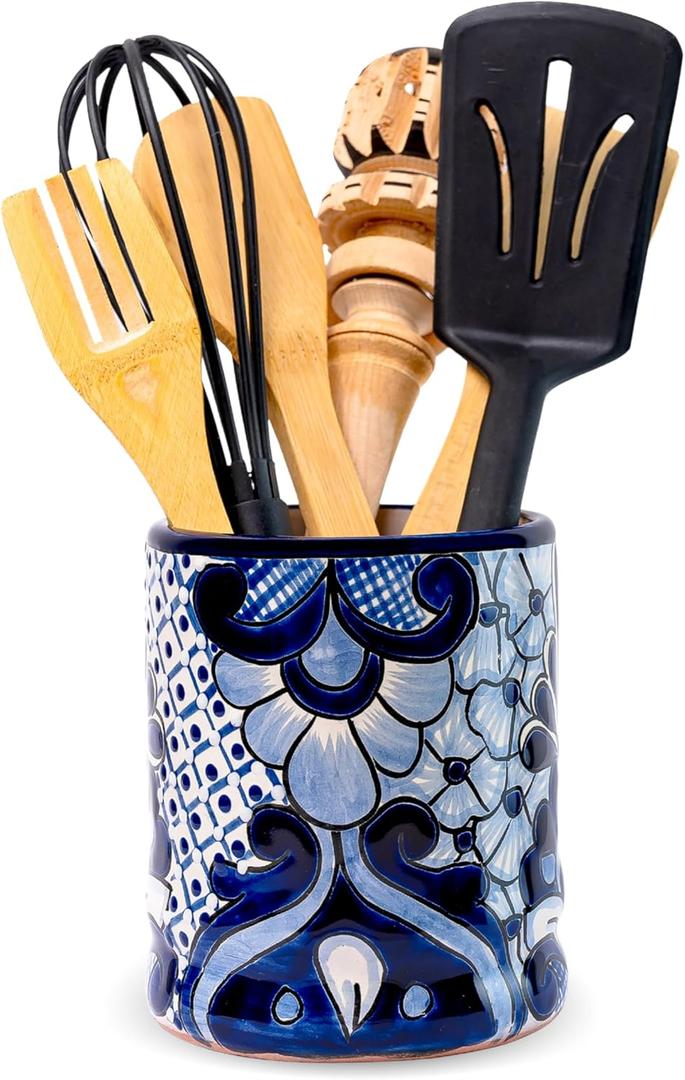 Talavera Utensil Holder - Hand Painted Ceramic Spoon Crock - Colorful Utensil Crock - Large Mexican Spoon Rest 6" H (White & Blue)