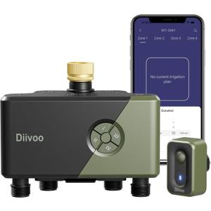 Diivoo WiFi Water Timer 4 Outlets with Brass Inlet, Smart Sprinkler/Hose/Tap Timer Compatible with Alexa & 24 Irrigation Plans & Rain Delay, Garden Watering Systems Controller with 2 Watering Modes
