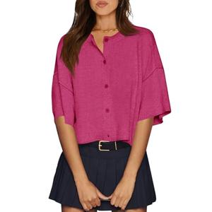 Cicy Bell Womens Half Sleeve Cardigan Sweaters Cropped Button Down Tops Oversized Lightweight Ribbed Knit Summer Outfits Rose Red, Small
