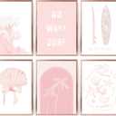 6Pcs Pink Beach Canvas Wall Art Surfer Girl Coastal Posters Prints No Wake Zone Quote Boho Seashell Palm Tree Pictures Wall Decor for Bathroom Nursery Girls Room Decoration 12''x16'' Unframed