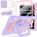 Case for iPad Pro 13 Inch M5 2025 / M4 2024, Auorld for iPad Pro 13 Inch M5 2025 with Screen Protector, 360 Degree Rotating Stand Shoulder Strap Pencil Holder, Purple Pink