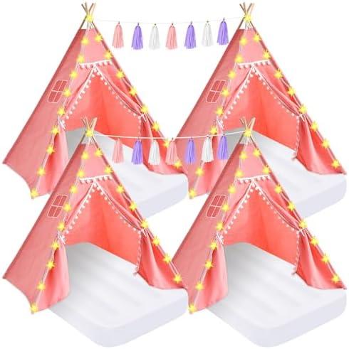 PLULON 4 Pack Teepee Tent for Kids Slumber Party Tents for Girls Sleepover Tents with Inflatable Airbed and Tent Decorations Play Tent for Birthday Party Indoor Outdoor, for Kids