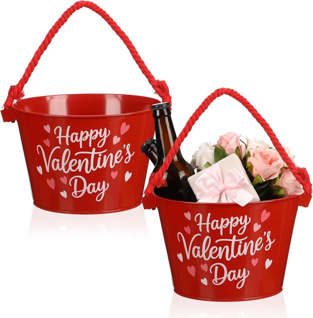 Honeydak 2 Pack 8 x 5.5 Inch Valentine's Day Galvanized Metal Bucket Red Metal Sand Bucket with Sturdy Rope Handle for Valentines Party Favor Candies Chocolate Gift Holder