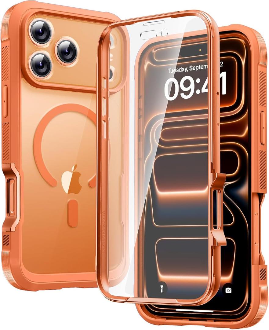 Diaclara Magnetic Designed for iPhone 17 Pro Case 6.3'' [Full Camera Protection] Full Body Bumper,[Compatible with MagSafe] Military Drop Proof Phone Case w/Built-in Screen Protector,Orange
