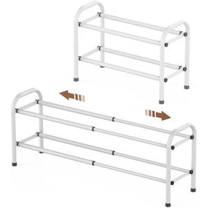 Gonfoam 2Tier Expandable Shoe Rack,Adjustable Shoe Shelf Storage Organizer Heavy Duty Metal Free Standing Shoe Rack for Entryway Closet Doorway (White)