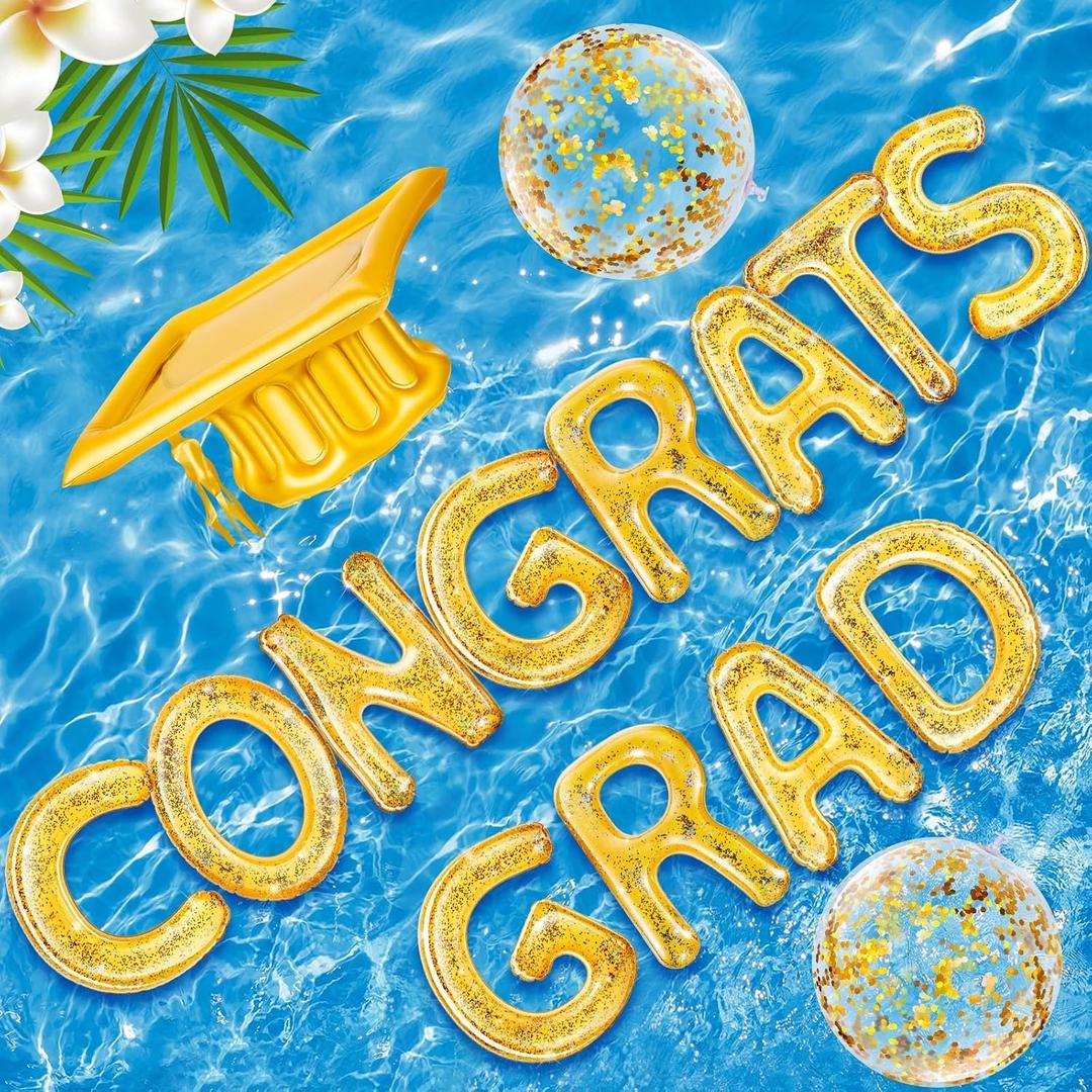 Sumind 15 Pcs Congrats Grad 2026 Pool Float 20" Inflatable Letter Pool Float Glitter Grad Party Decor Graduation Decoration Set with Graduation Beach Ball Hat for Beach(Gold)