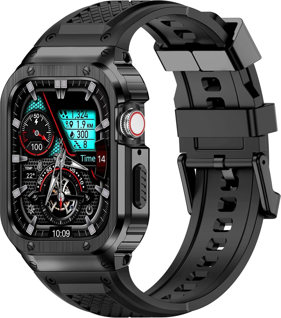 Band with Stainless Steel Case Compatible with Apple Watch Series SE 3 2 1/6 5 4 44mm, Series 3 2 1 42mm Band, iwatch Bands Rugged Protective Metal Cover for Men (Black)