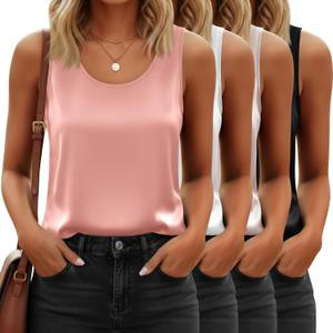 4 Pack Women's Satin Tank Tops, 4-Color, Large | Lightweight, Scoop Neck, Sleeveless, Soft Feel, Layering, Office, Work, Casual Wear, Undershirt (L)