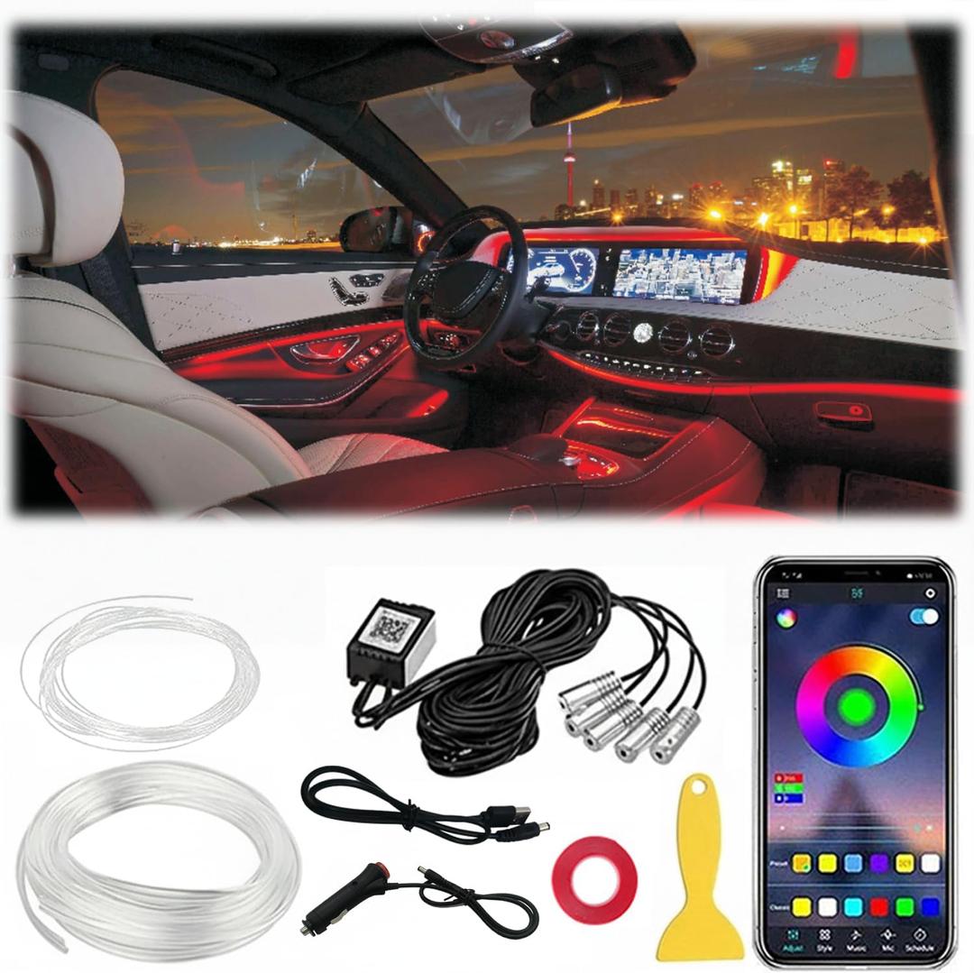 Interior Car LED Strip Lights RGB Fiber Optic Trim Lighting 5 in 1Wireless APP Ambient Lighting Kits 236 inches Fiber Optic, 16 Million Colors Car Neon Lights, Music Sync