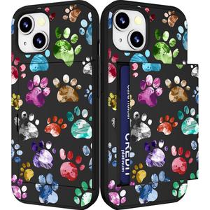 Compatible with iPhone 14/15 Plus Case Cute with Card Holder Slim Phone Wallet Cover for Women/Colorful Doodle Paws Dog Craws Footprints Animal Watercolor
