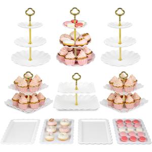 Pack of 10 NWK Cake Stand Set, with 3 x TwoTier and 3 x ThreeTier Cupcake Stands, 4 x Appetizer Trays, for Birthday Baby Bridal Shower Party (Gold)
