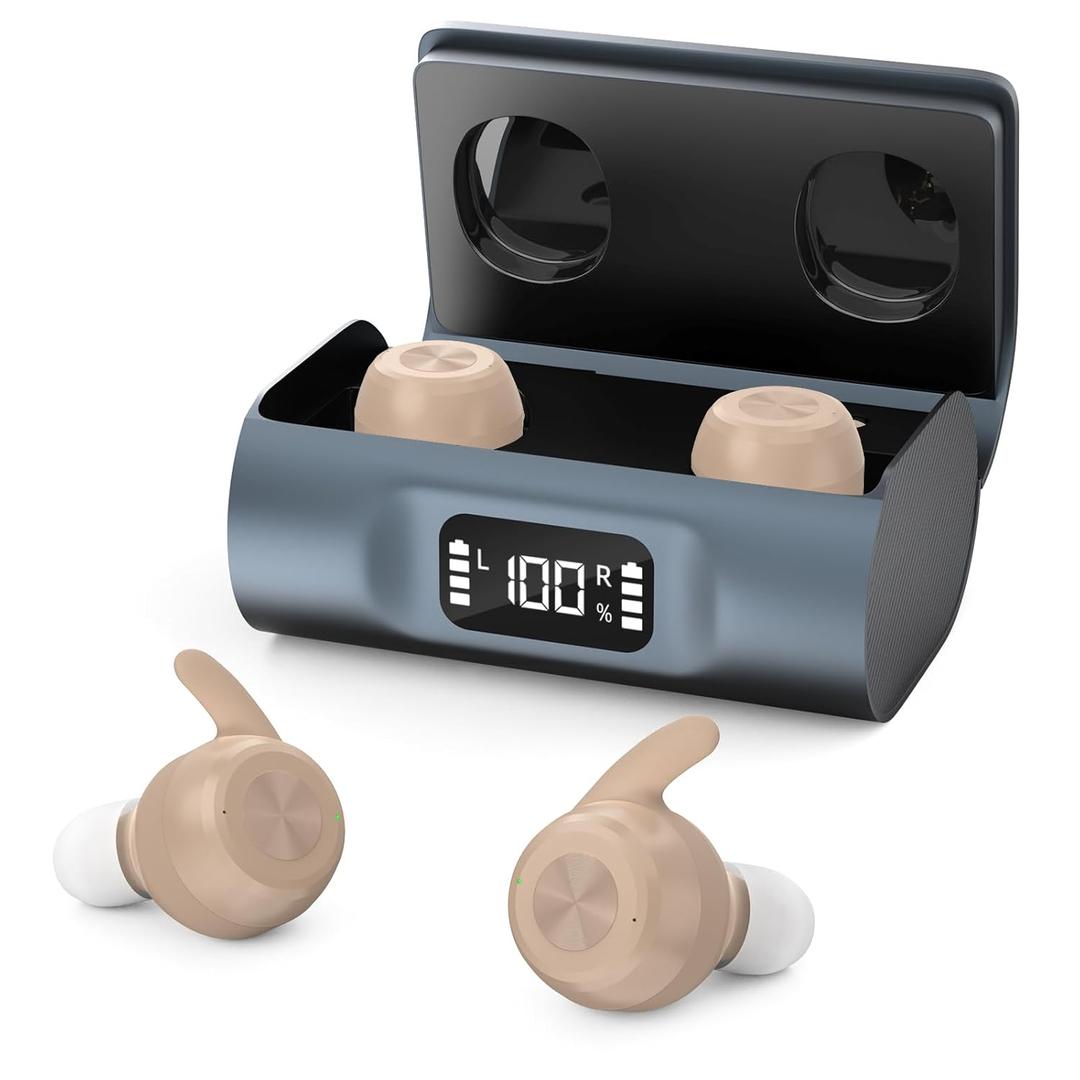 OTC Hearing Aids for Seniors & Adults - Rechargeable, 25+ Hour Battery Life, Advanced Noise Cancellation, 5-Level Volume & Memory, Clear Sound, Comfort-Fit, Beige