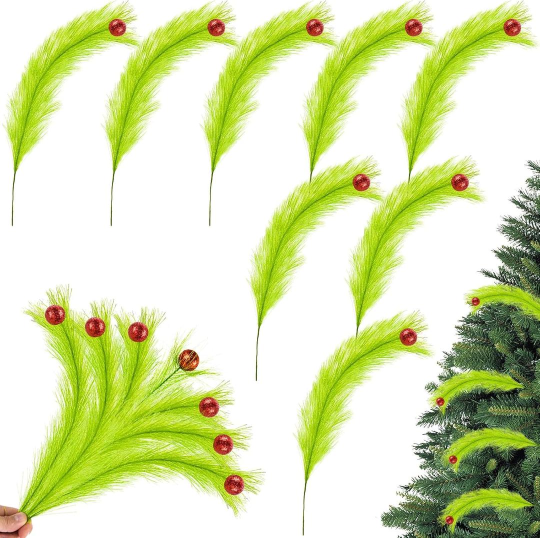 2 x 8 Pcs Lime Green Curly Tree Picks with Red Ball Christmas Tree Topper Ornaments 18.5" Faux Pampas Grass Decor Christmas Artificial Green Stems for Xmas Wreath Craft Decorations (8)