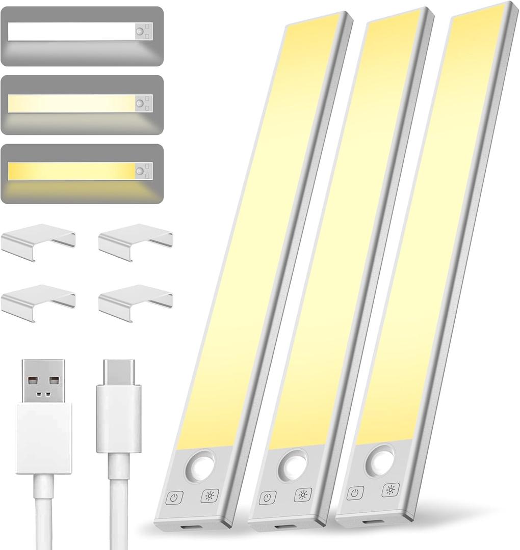 Under Cabinet Lighting 12 inch Rechargeable Battery Operated Motion Sensor Light Wireless Under Counter Lights for Kitchen, Stairs, Hallway (3 Pack)
