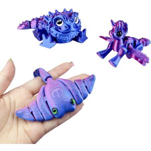 3Pcs 3D Printed Animals - Articulated Toys, Movable Joints, Stress Relief Toys, Desktop Home Office Decorations, Birthday, Halloween, (Dragon, Stingray, Pony) (Purple)