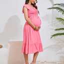 KOJOOIN Womens Maternity Short Sleeve Sweetheart Neck Summer Casual Smocked Boho Drawstring Maxi Dress Photoshoot Baby Shower Pink L (Pink, L)
