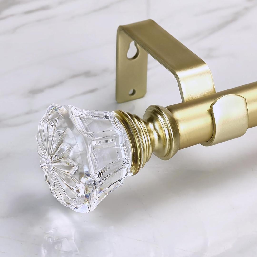 Gold Curtain Rod Set with Crystal-clear Diamond Pattern Finials, 36-72 inch, Standard Single Drapery Rod for 1 Pack, 7/8 inch diameter, Adjustable Length