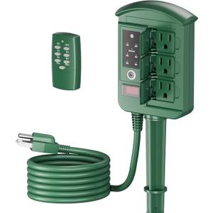 BN-LINK Outdoor Power Stake Timer Waterproof, Power Strip with 6 Grounded Outlets and 6FT Extension Cord, 100FT Wireless Remote Control, Dusk to Dawn Sensor Timer for Lights and Courtyard Decoration