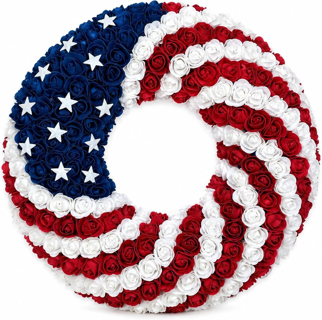 1 Pcs 18 Inch Patriotic Wreath for Front Door 4th of July Wreath Red White Blue Rose Front Door Decor Independence Memorial Artificial Rose Wreaths for 250th Anniversary Porch Wall Indoor Outdoor