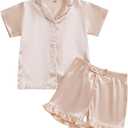 fyclemt Toddler Baby Girl Boy Silk Pajamas Set Solid Color Short Sleeve Button Shirts Top Shorts Satin Sleepwear Lounge Sets (2-3T)