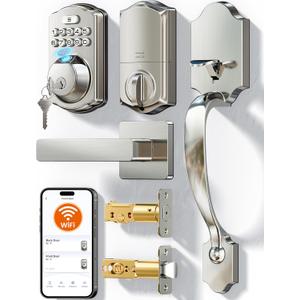 Veise VE012W-H WiFi Smart Front Door Lock Set, Built-in WiFi, App Remote & Voice Control, Fingerprint Keyless Entry Smart deadbolt with Handle, Backlit Keypad, Auto Lock, IP55 Waterproof, Satin Nickel