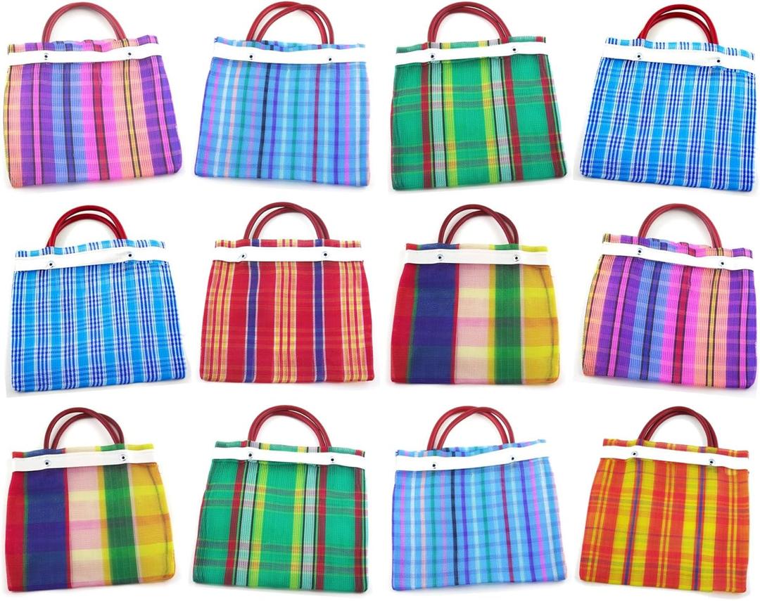 MoreFiesta 18 Pcs Small Mexican Tote Mercado Bags 7.5 inch by 7.5 inch, Assorted Colors High Thread Mesh - Mini Mexican Mercado Candy Bags