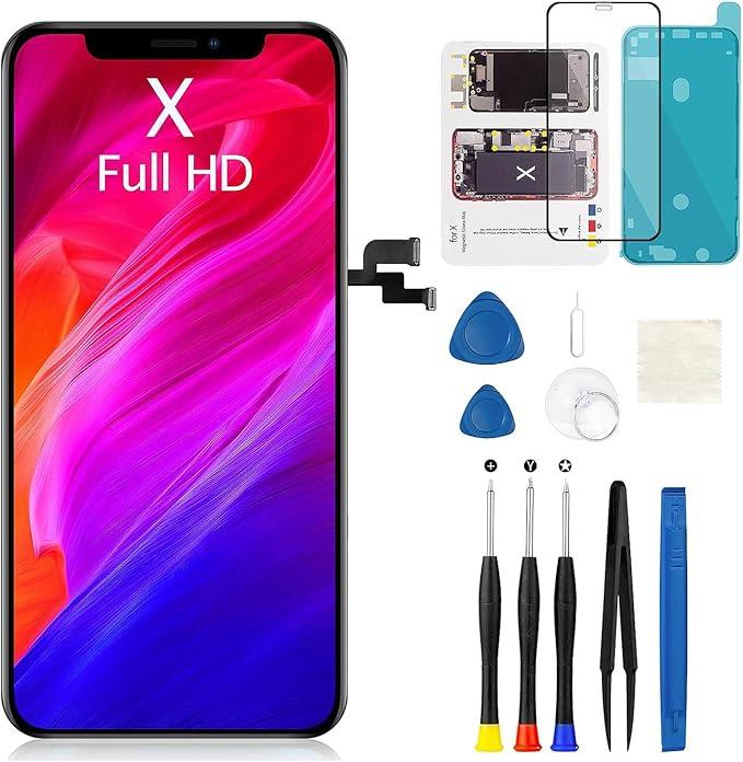 for iPhone X Screen Replacement 5.8 Inch COF FHD Display 3D Touch Digitizer with Waterproof Adhesive + Tempered Glass + Repair Kit for Model A1865, A1901, A1902