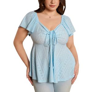 Milumia Women's Plus Size Tie Front Tops Eyelet Embroidery Sweetheart Neck Ruffle Short Sleeve Casual Tee Blouse Shirt (X-Large Plus, Blue)