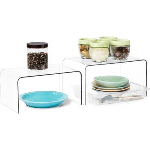 FJNATINH Clear Shelf Riser, 2 Pack Cabinet Organizer Shelf 4mm Thick Display Risers Countertop Desk Table Top Organizers and Storage Shelves for Toys Figures Cosmetics Perfume, with Tray (Set of 2)