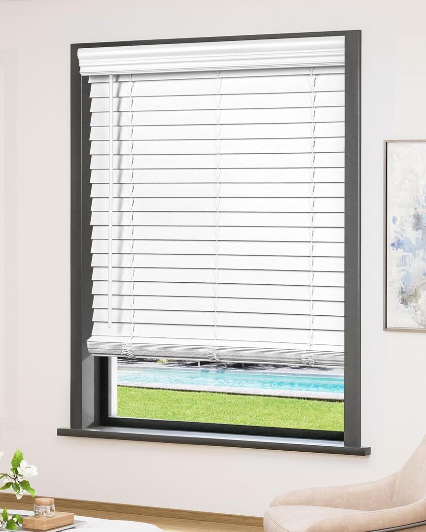 2 inch Faux Wood Blinds White Cordless, New Material, high Temperature Resistance, Good Toughness, Waterproof, Blinds Size 33 4/8" W  72" H White