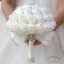 Bridal Wedding Bouquet Round Bling Brooch Holding Bouquet Artificial Rose Flower Bunch for Bride Bridesmaid Wedding Quinceanera(Ivory, 9.8")