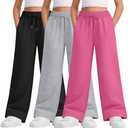 LessonZoo 3 Packs Teen Girls Sweatpants Wide Leg Drawstring Baggy Pants Straight Leg Athletic Trousers with Pockets Size 11-12yrs