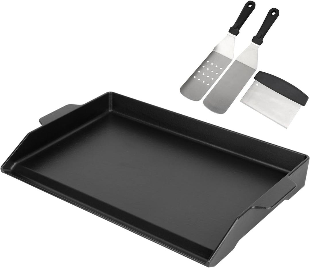BBQ Future Universal Cast Iron Griddle for Gas Grill with Spatula Set, 23" x 16" Pre-Seasoned Nonstick Griddle Insert Large BBQ Flat Top Plate for All Gas/Electric Grill, Stove Top and more (23" x 16" x 2.6")