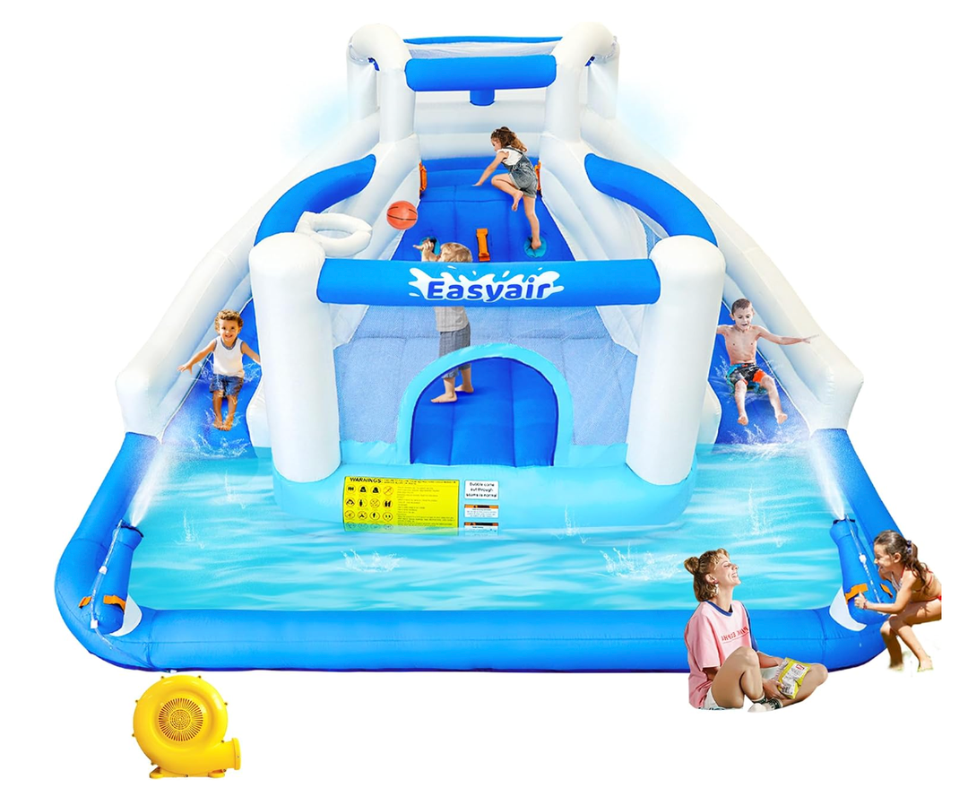 Inflatable Water Slide Bounce House for Kids, 12.1 FT x 10.3 FT Small Water Park Bouncy Castle, Double Slides, Jumper, Climbing Wall, Basketball Hoops, Included Blower, 145" L x 123.5" W x 72.8" H (Defective)