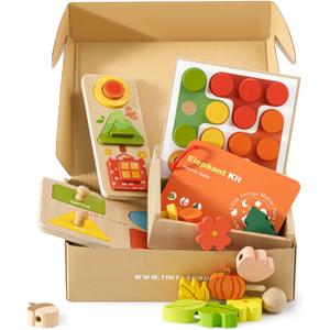 Tiny Land Montessori Toy Set for Babies 18-24 Months Investigator Play Kit- 4-in-1 Wooden Learning Toys with Color Sorting, Lacing Beads, Shape Matching, and Seasons Puzzles