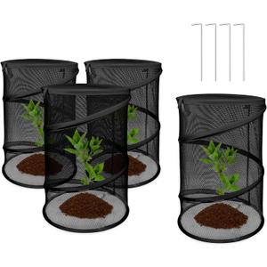 Pop up Plant Cover Net, 4 Pack Black Round Foldable Net Cover to Prevent Animal Damage, Garden Plant Protection Cover with Stakes for Outdoor Plants