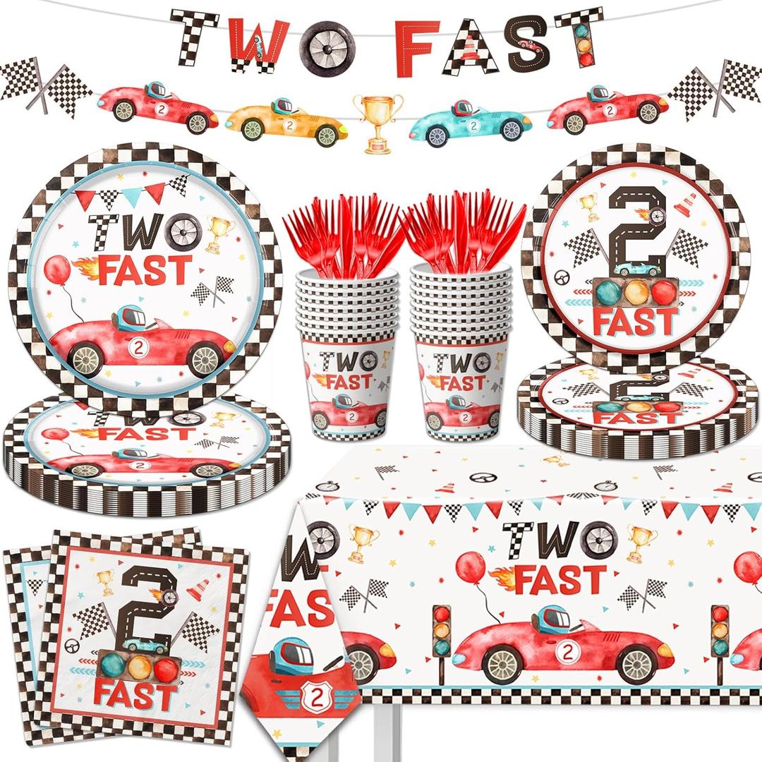 Two Fast Birthday Party Supplies, 142pcs Race Car 2nd Birthday Decorations Tableware Kit Includes Race Car Plates Napkins Tablecloth for Two Years Old Party Baby Shower Decorations Favors for Boys