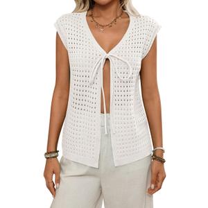 Women's 2026 Summer Short Sleeve Cardigan Sweater Tops Hollow Out Tie Front Y2k Crochet Vest Knit Beach Cover Ups (S)