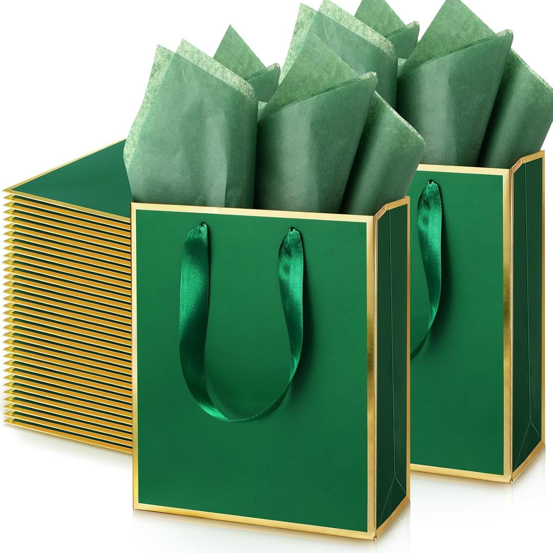 Yeaqee 50 Pack Metallic Gift Bags with Handle and Tissue Paper Gold Foil Thank You Bag for Valentine Wedding 5 Groomsmen Bridal 5 Senses Gifts Holiday Party Favors 9x7x3.15''(Green Gold)