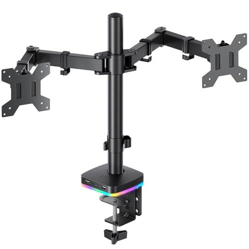 RGB Dual Monitor Desk Mount, Monitor Stand with 3 USB Ports, Charging and USB Data Transfer Function, Adjustable Arms for 13"-27" Monitors up to 17.6lbs, VESA 75x75mm 100x100mm, Ergonomic Design