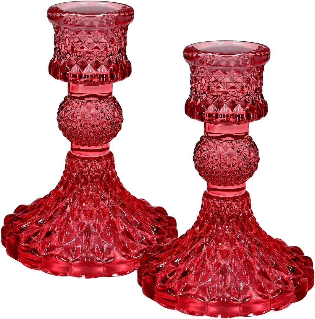 Glass Candlestick Holders Set of 2Taper Candle Holders Fit 0.8 Inch Candles, Crystal Decorative Candle Stand Centerpiece for Table Wedding Dinning Party 4 Inch Tall (Red)