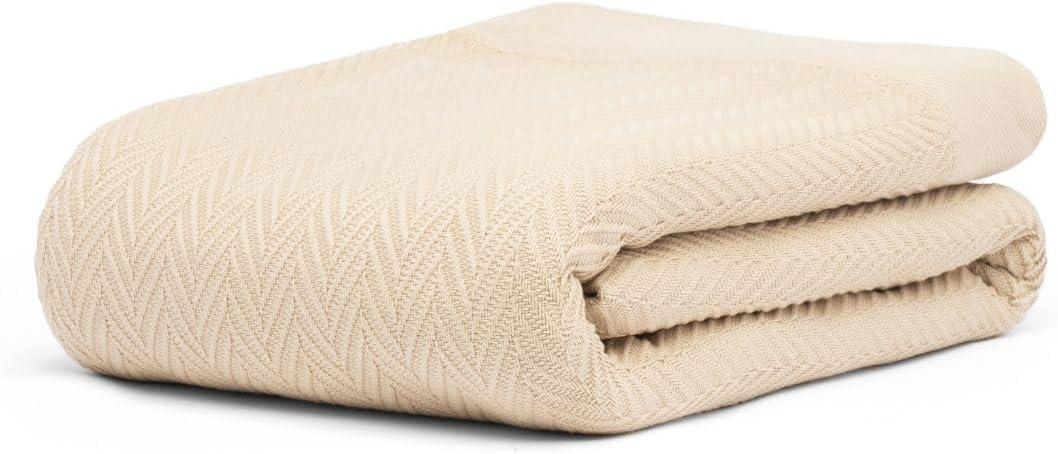 Queen Size Multipurpose Blanket, 100% Extra Long Staple Cotton, Soft & Breathable Herringbone Weave, Beige, Lightweight, Machine Washable, All-Season Throw Blanket for Bedroom & Travel