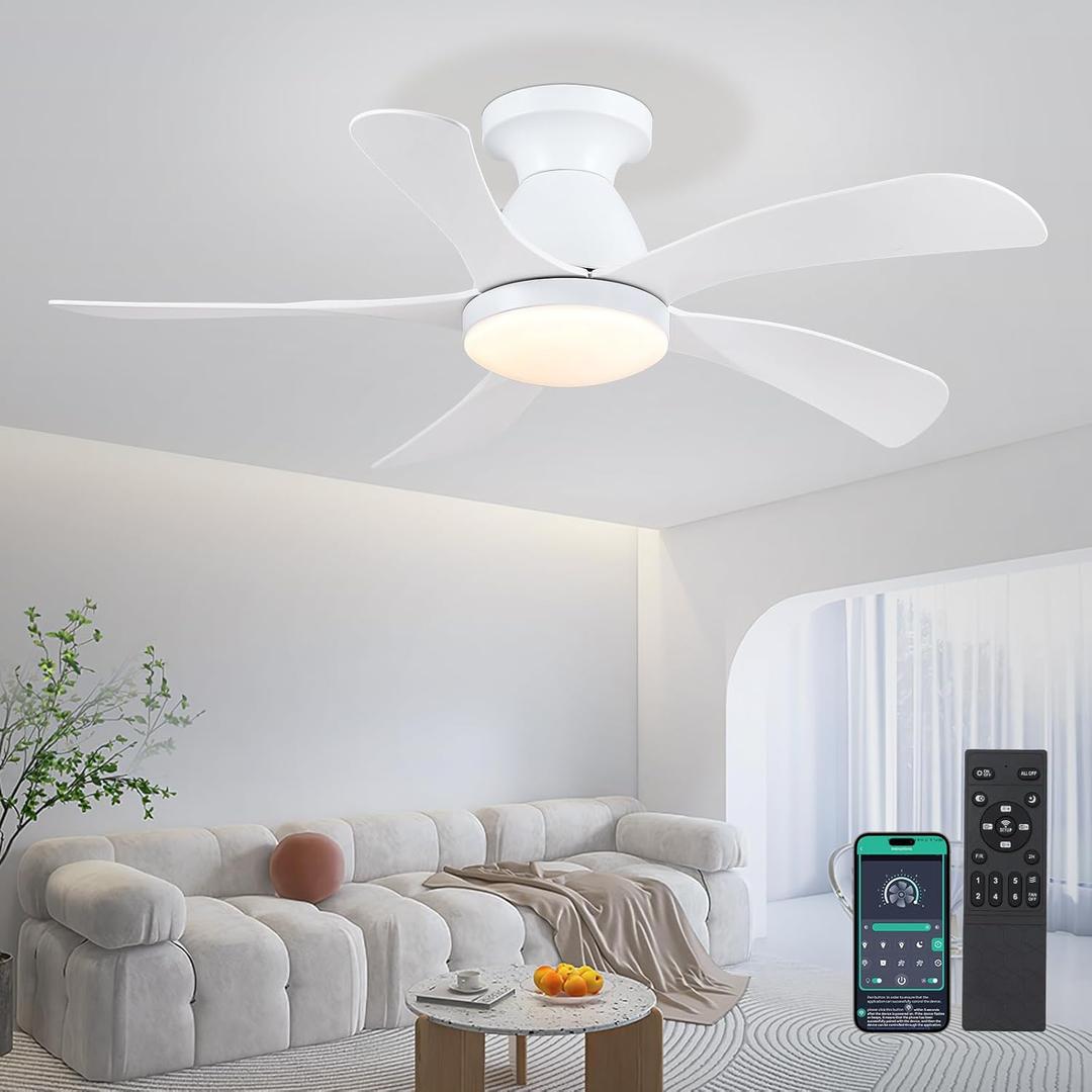 Ceiling Fans with Lights and Remote, 42 Inch White Ceiling Fan for Bedroom with 5 Reversible Blades, Modern Ceiling Fan Noiseless Reversible DC Motor, 6 Speeds, Timing (42inch)