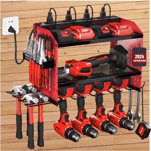 Power Tool Organizer with Charging Station, Heavy Duty Modular Wall Mount Rack for Garage & Shed Organization, 4 Drill Holders, Fathers Day Anniversary Birthday Gifts for Men Dad Him Husband(Red) (3 Layer)