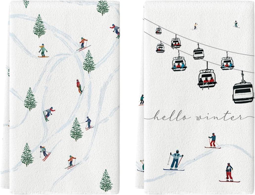 Artoid Mode Xmas Trees Ski Winter Kitchen Towels Dish Towels, 18x26 Inch Farmhouse Christmas Snow Decoration Hand Towels Set of 2