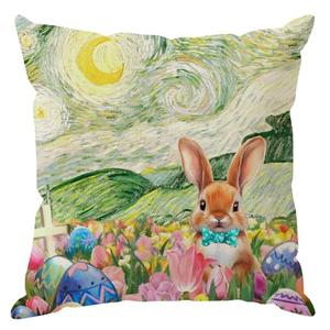 ZAEW Eggs Flowers Bunny Oil Painting Starry Night Sky Moon Easter Pillow Cover Throw Pillow Cases Decorations for Farmhouse Home Sofa Couch Cushion Cover Party Holiday Decor 18x18 Inch
