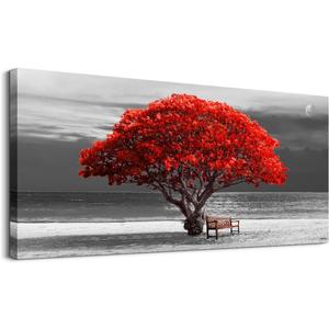 wall art for living room Decorations Photo Prints - panoramic black and white with red trees The moon Landscape - Modern Home Decor The room Stretched and Framed Ready to Hang artwork 20x40inches