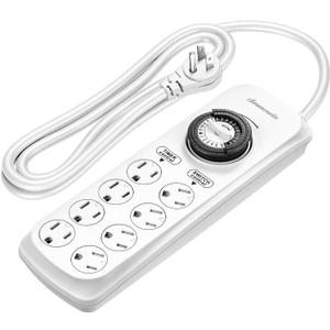 DEWENWILS Mechanical Timer Power Strip with 8 Outlets, Flat Plug, 6ft Long Cord, Overload Protection, Indoor Timer for, Bearded Dragon Tanks, Aquarium, Grow Lights, Plants, Reptile Light, UL Listed (White)