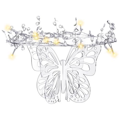 Lineshading 12 Butterfly Cake Stand Acrylic Lighted Cake Holder Acrylic Serving Platter with String Lights Water Drop Diamond String Cupcake Stand Round for Wedding Birthday Dessert Table